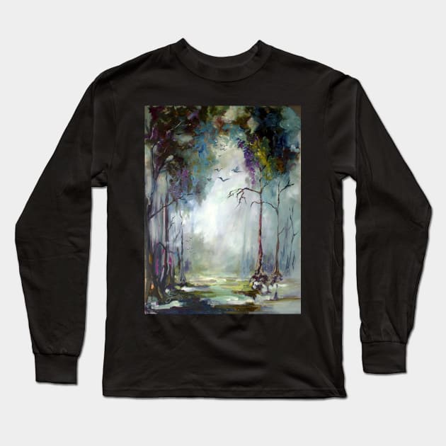 Wetland In The Mist Long Sleeve T-Shirt by GinetteArt